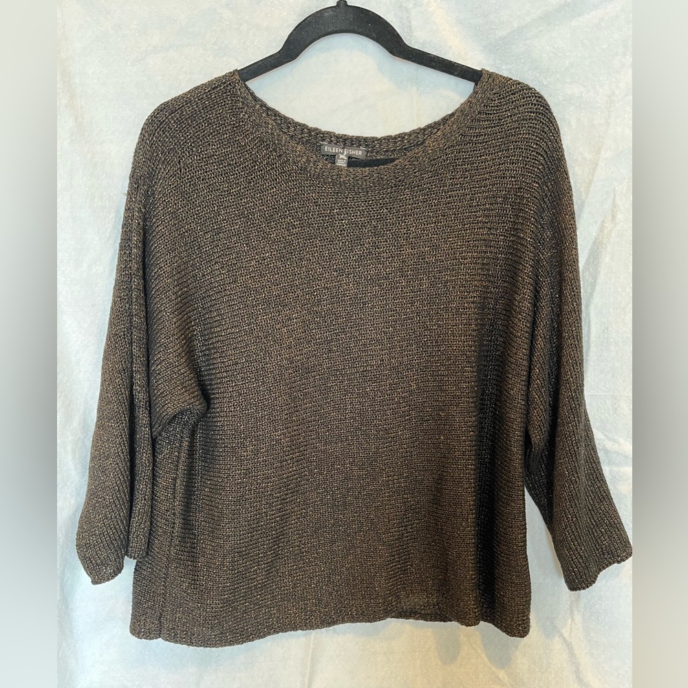 Eileen Fisher Black Crew Neck Sweater M medium metallic gold
